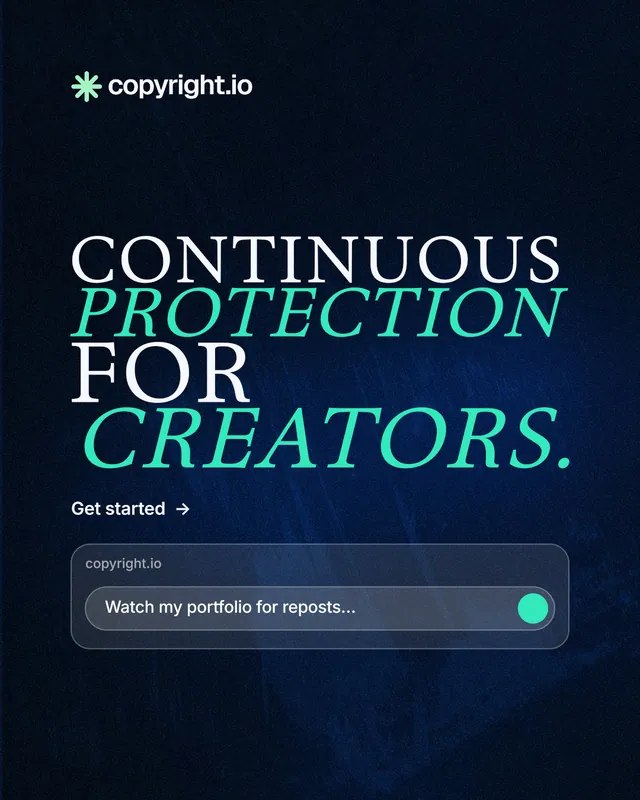 Instagram portrait post for copyright.io: "Continuous protection for creators." Minimal luxury style, stacked layout, dark palette in blue, black.