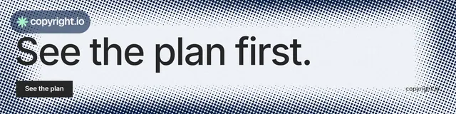 LinkedIn banner for copyright.io: "See the plan first." Retro print style, poster layout, light palette in grey, white, blue.