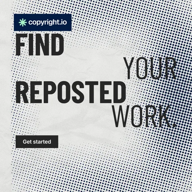 Instagram post for copyright.io: "Find your reposted work." Retro print style, stacked layout, light palette in grey, white.