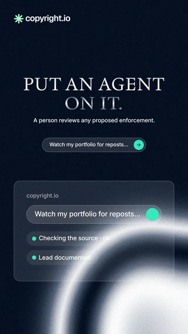 Instagram story for copyright.io: "Put an agent on it." Agentic glass style, centred layout, dark palette in black, blue, grey.