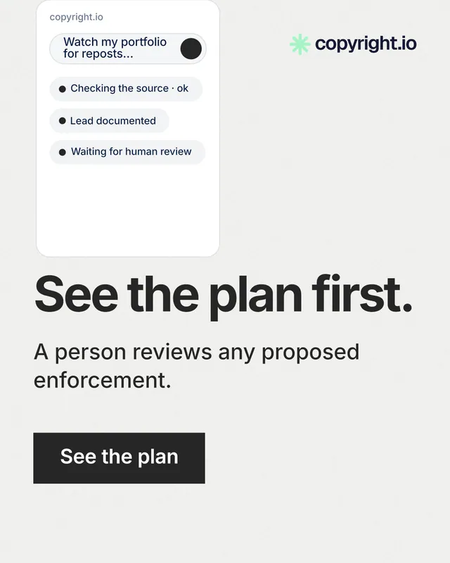 Instagram portrait post for copyright.io: "See the plan first." Swiss style, skeleton layout, light palette in white, grey.