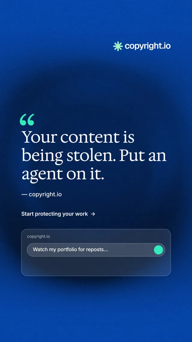 Instagram story for copyright.io: "Put an agent on it." Minimal luxury style, quote layout, dark palette in blue.
