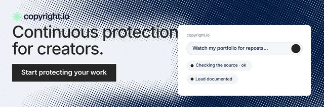 X header for copyright.io: "Continuous protection for creators." Swiss style, skeleton layout, light palette in blue, grey, white.