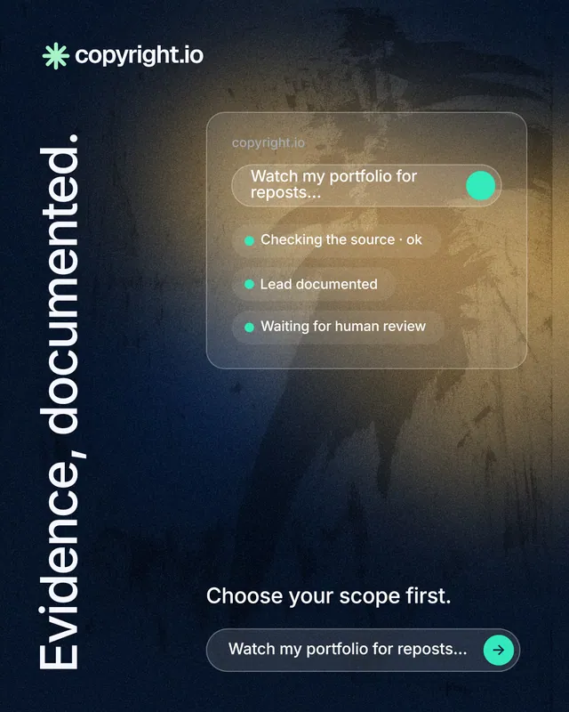 Instagram portrait post for copyright.io: "Evidence, documented." Agentic glass style, vertical layout, dark palette in grey, black, blue.
