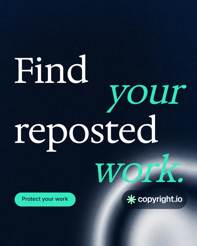 Instagram portrait post for copyright.io: "Find your reposted work." Y2K style, stacked layout, dark palette in black, grey.