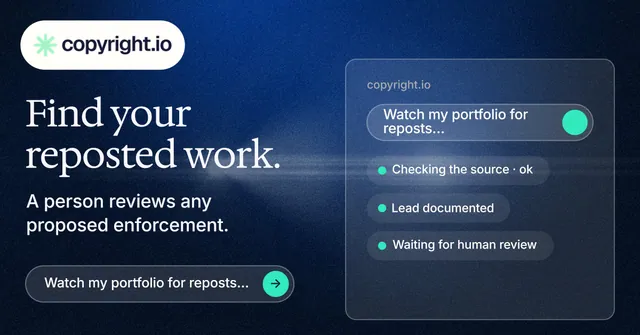 Social ad for copyright.io: "Find your reposted work." Agentic glass style, bottom layout, dark palette in blue, black, grey.