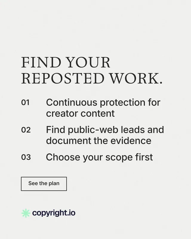 Instagram portrait post for copyright.io: "Find your reposted work." Editorial style, numbered layout, light palette in white.