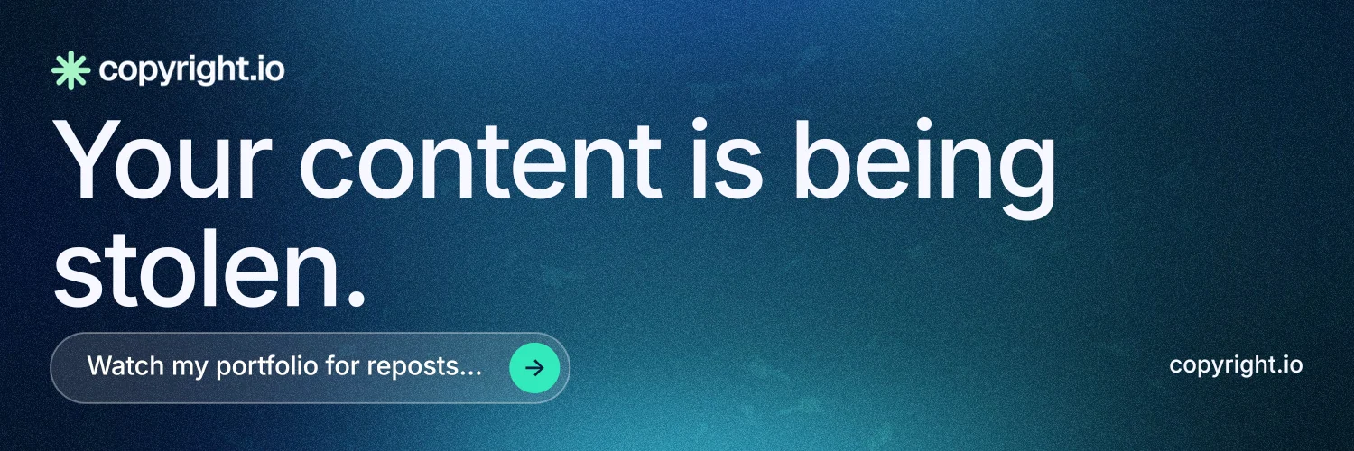 X header for copyright.io: "Your content is being stolen." Agentic glass style, poster layout, dark palette in blue.