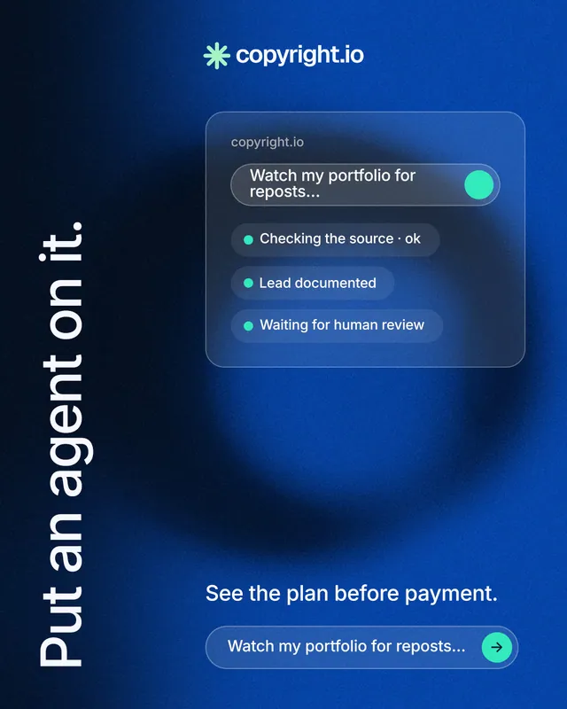 Instagram portrait post for copyright.io: "Put an agent on it." Agentic glass style, vertical layout, dark palette in blue, black.