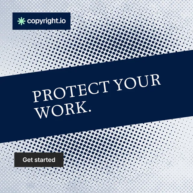 Instagram post for copyright.io: "Protect your work." Split block style, diagonal layout, light palette in blue, grey.