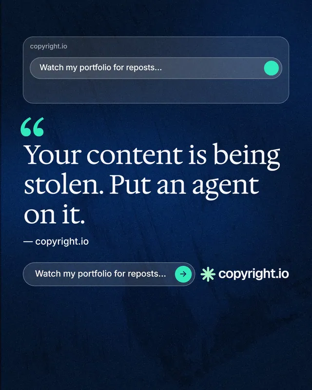 Instagram portrait post for copyright.io: "Protect your work." Agentic glass style, quote layout, dark palette in blue, black.