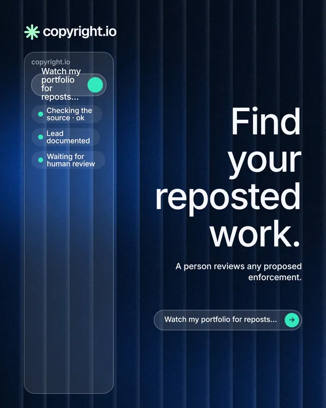 Instagram portrait post for copyright.io: "Find your reposted work." Agentic glass style, right layout, dark palette in black, blue.
