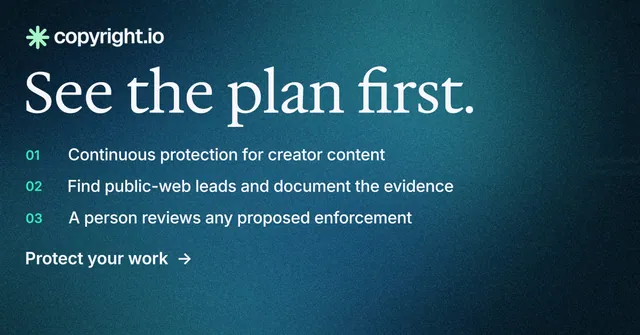 Social ad for copyright.io: "See the plan first." Minimal luxury style, numbered layout, dark palette in blue, black.