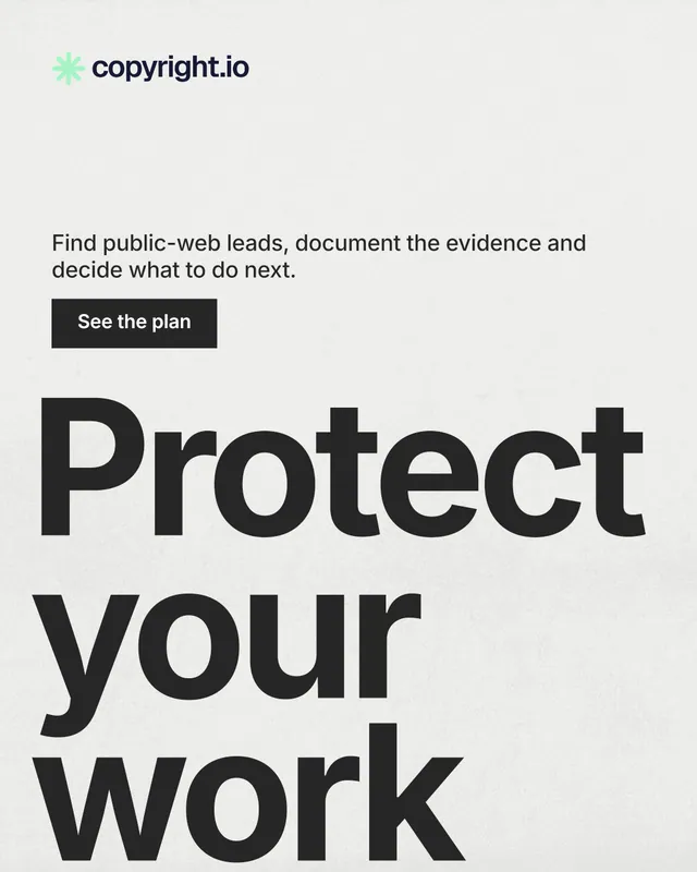Instagram portrait post for copyright.io: "See the plan first." Swiss style, oversized layout, light palette in white, grey.