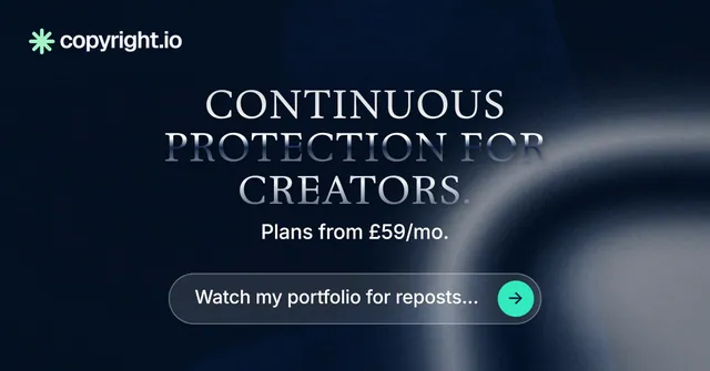 Social ad for copyright.io: "Continuous protection for creators." Agentic glass style, centred layout, dark palette in black, grey, blue.