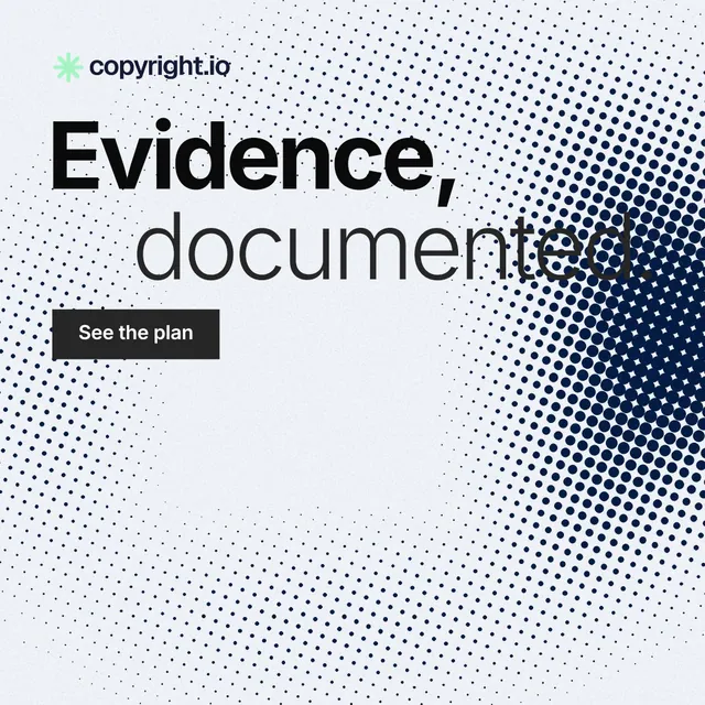 Instagram post for copyright.io: "Evidence, documented." Swiss style, stacked layout, light palette in blue, white, grey.