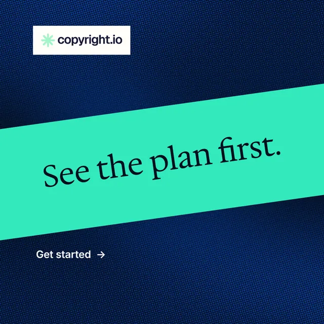 Instagram post for copyright.io: "See the plan first." Minimal luxury style, diagonal layout, dark palette in blue, teal.