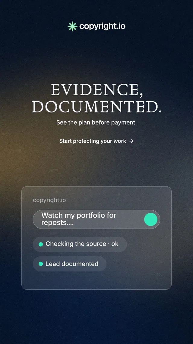 Instagram story for copyright.io: "Evidence, documented." Minimal luxury style, centred layout, dark palette in black, grey, blue.