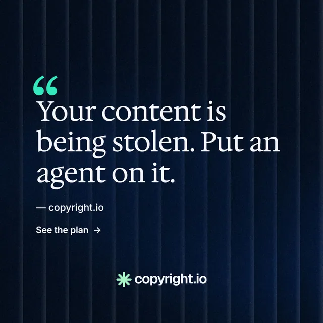 Instagram post for copyright.io: "Protect your work." Minimal luxury style, quote layout, dark palette in black, blue.