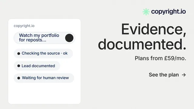 Landscape graphic for copyright.io: "Evidence, documented." Minimal luxury style, right layout, light palette in white.