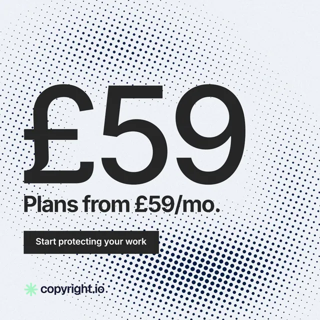Instagram post for copyright.io: "See the plan first." Swiss style, stat layout, light palette in blue, white, grey.