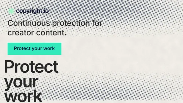 Landscape graphic for copyright.io: "Find your reposted work." Swiss style, oversized layout, light palette in white, yellow, grey.
