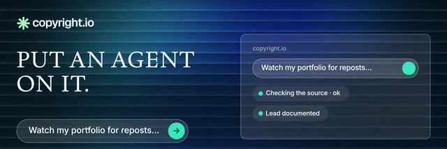 X header for copyright.io: "Put an agent on it." Agentic glass style, bottom layout, dark palette in blue, black.