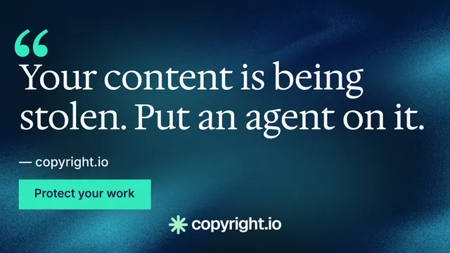 Landscape graphic for copyright.io: "Continuous protection for creators." Swiss style, quote layout, dark palette in blue, black, teal.