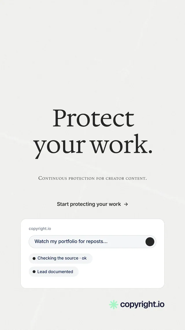 Instagram story for copyright.io: "Protect your work." Minimal luxury style, smallcaps layout, light palette in white.