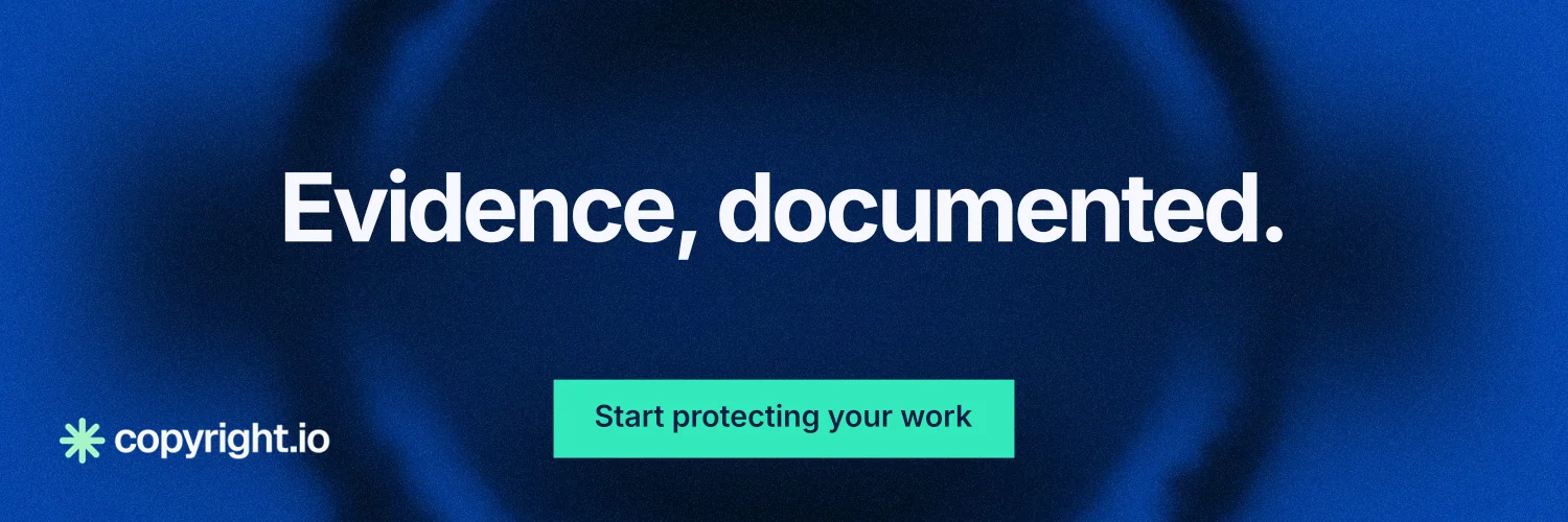 X header for copyright.io: "Evidence, documented." Swiss style, centred layout, dark palette in blue, black, teal.