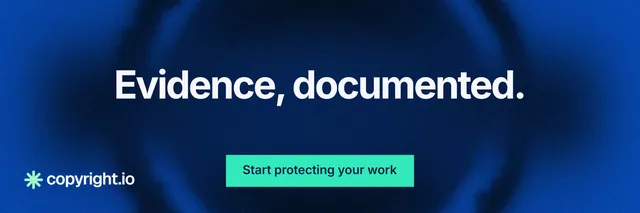 X header for copyright.io: "Evidence, documented." Swiss style, centred layout, dark palette in blue, black, teal.