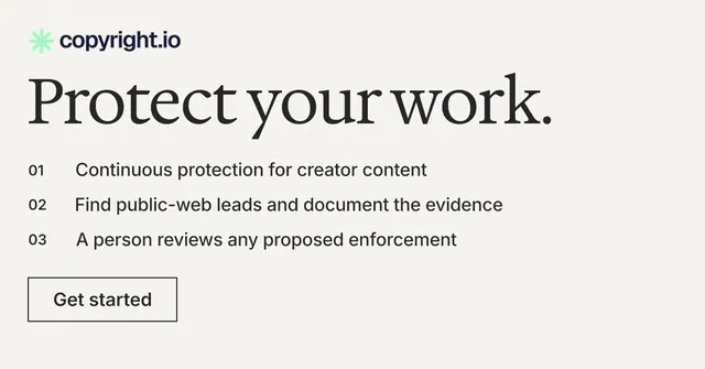 Social ad for copyright.io: "Protect your work." Editorial style, numbered layout, light palette in white, grey.