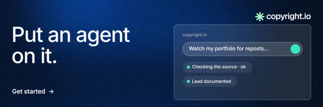 X header for copyright.io: "Put an agent on it." Minimal luxury style, bottom layout, dark palette in blue, black.