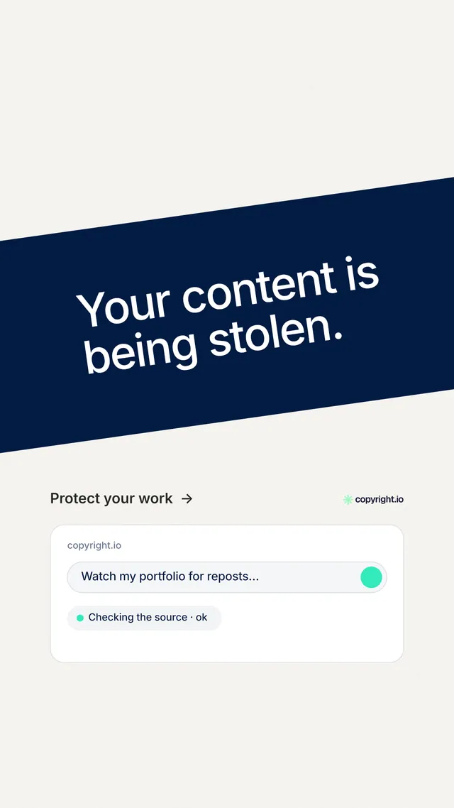 Instagram story for copyright.io: "Your content is being stolen." Minimal luxury style, diagonal layout, light palette in white, blue.
