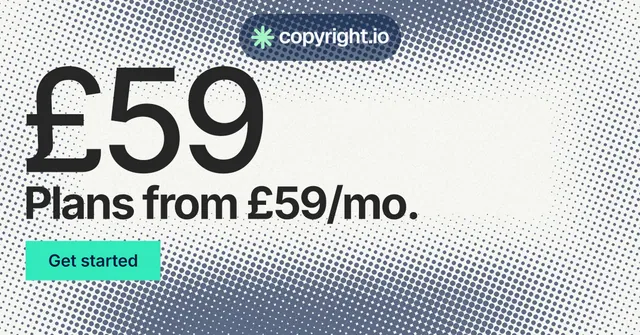 Social ad for copyright.io: "Protect your work." Swiss style, stat layout, light palette in teal, grey, white.