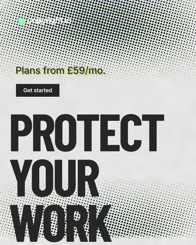 Instagram portrait post for copyright.io: "Protect your work." Retro print style, oversized layout, light palette in grey, white.