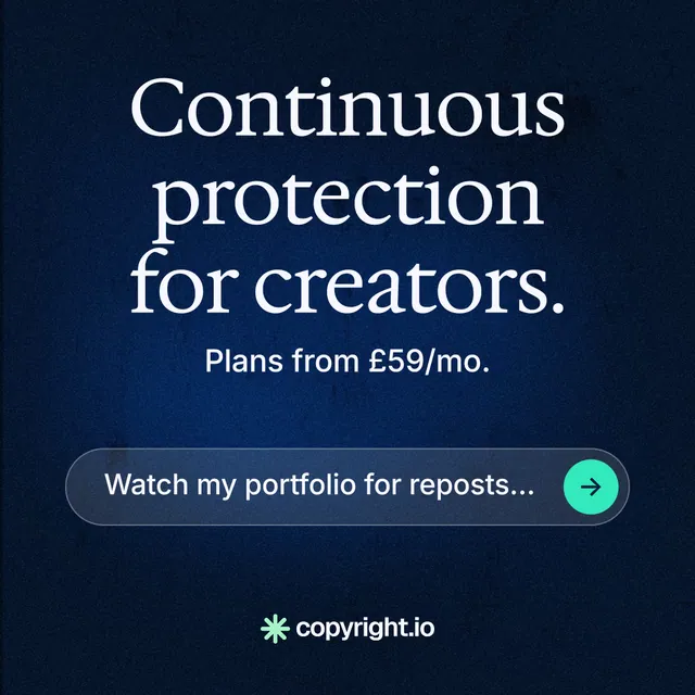 Instagram post for copyright.io: "Continuous protection for creators." Agentic glass style, skeleton layout, dark palette in black, blue.