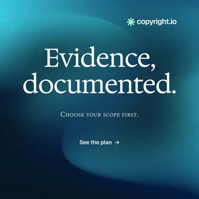 Instagram post for copyright.io: "Evidence, documented." Minimal luxury style, smallcaps layout, dark palette in blue, black, teal.