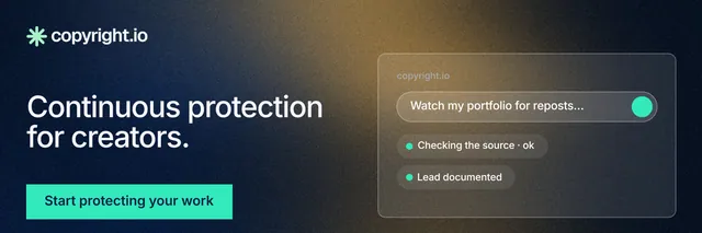X header for copyright.io: "Continuous protection for creators." Swiss style, bottom layout, dark palette in grey, black, blue.