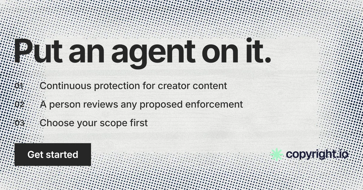 Social ad for copyright.io: "Put an agent on it." Swiss style, numbered layout, light palette in white, grey.
