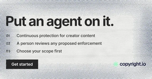 Social ad for copyright.io: "Put an agent on it." Swiss style, numbered layout, light palette in white, grey.
