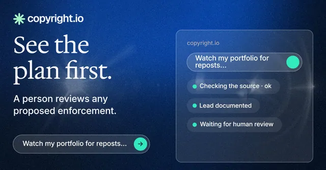 Social ad for copyright.io: "See the plan first." Agentic glass style, bottom layout, dark palette in blue.