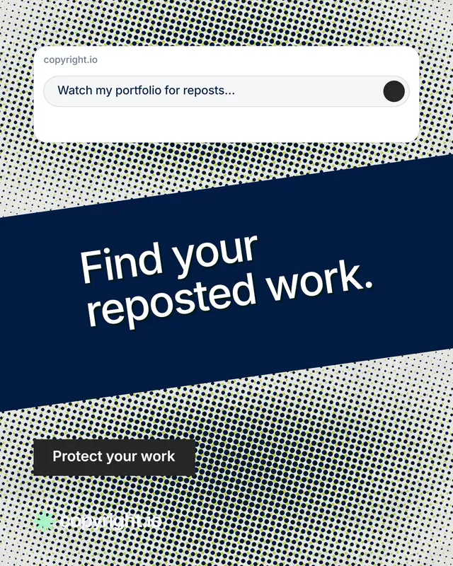 Instagram portrait post for copyright.io: "Find your reposted work." Swiss style, diagonal layout, light palette in grey, blue, white.