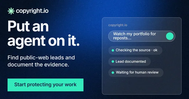 Social ad for copyright.io: "Put an agent on it." Swiss style, bottom layout, dark palette in blue, black, teal.