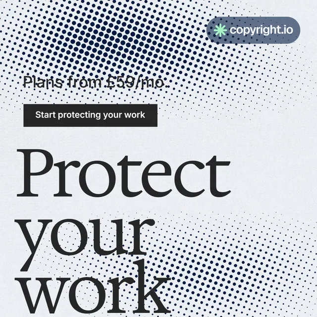 Instagram post for copyright.io: "Put an agent on it." Split block style, oversized layout, light palette in white, grey, blue.