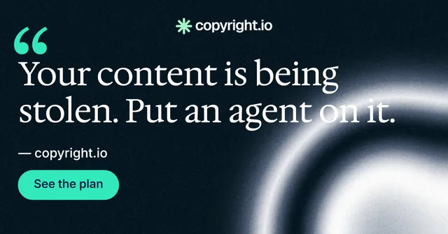Social ad for copyright.io: "Continuous protection for creators." Y2K style, quote layout, dark palette in black, grey, blue.