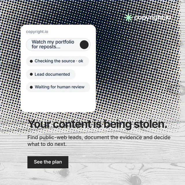 Instagram post for copyright.io: "Your content is being stolen." Swiss style, skeleton layout, light palette in grey, white.