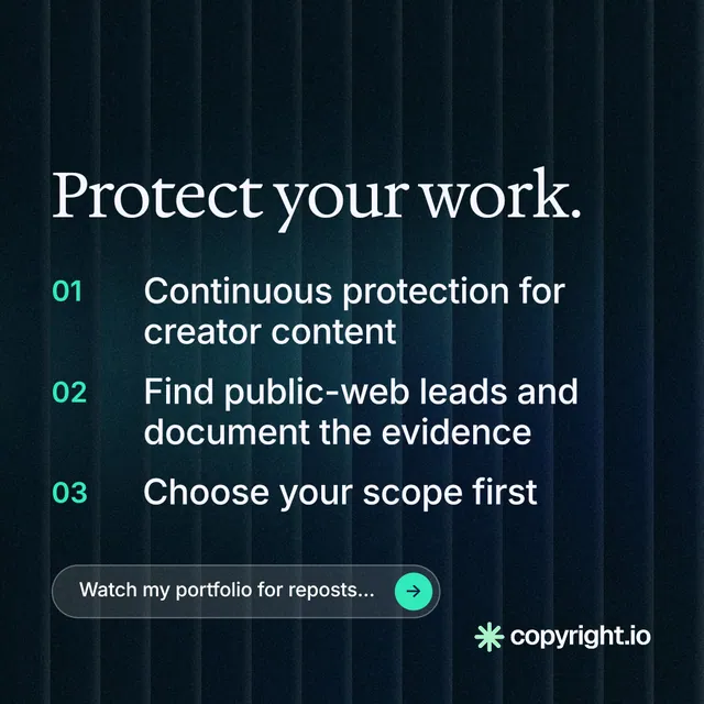Instagram post for copyright.io: "Protect your work." Agentic glass style, numbered layout, dark palette in black, blue.