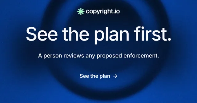 Social ad for copyright.io: "See the plan first." Minimal luxury style, centred layout, dark palette in blue, black.