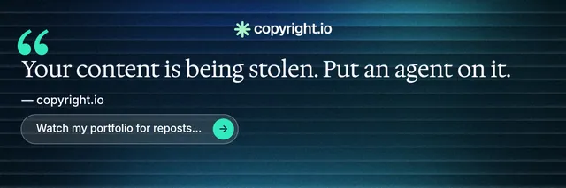 X header for copyright.io: "Your content is being stolen." Agentic glass style, quote layout, dark palette in blue, black.